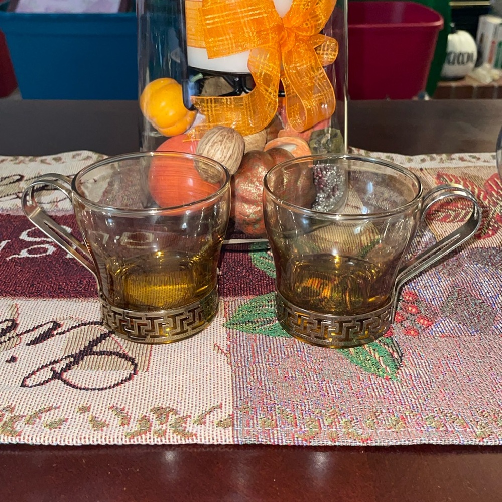 Vintage Libby Amber Glass Cups/Greek Handle!